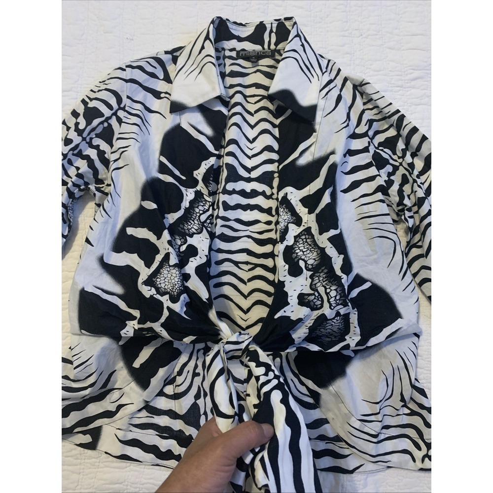 Mishca Women's Blouse Medium Black White Zebra Print Tie Front - Picture 2 of 5